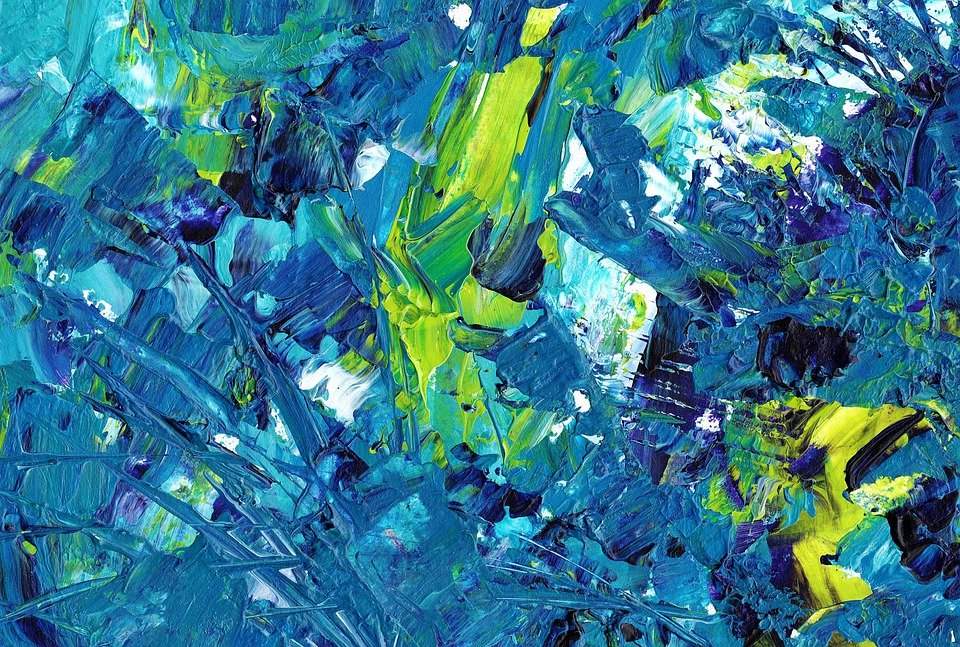 Close view of an abstract painting with blues and yellows. | Local art around Conway, AR.