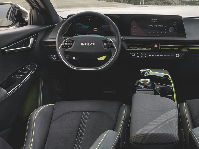 Interior view of the steering wheel and dashboard area of a 2023 Kia EV6. | Kia dealer in Conway, AR.