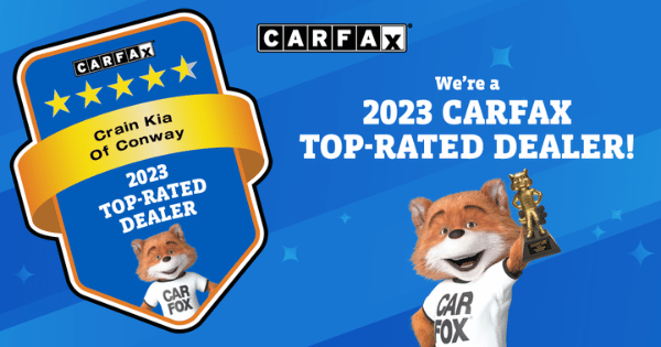 Banner saying Crain Kia of Conway is a CarFax Top-Rated Dealer